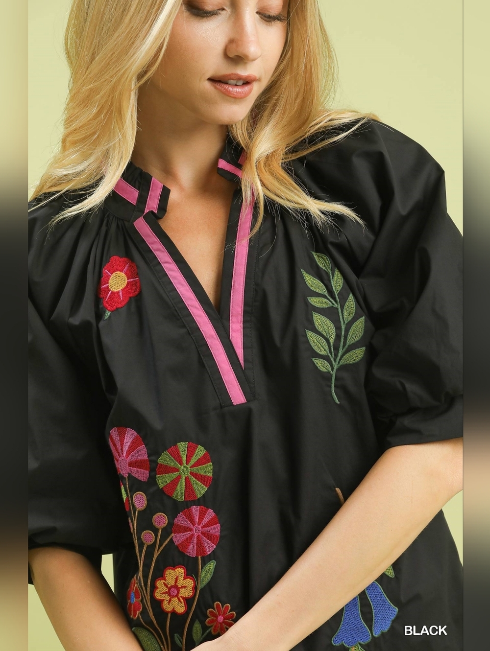 Floral Embroidered Black V-Neck Women's Top - Picture 6 of 8